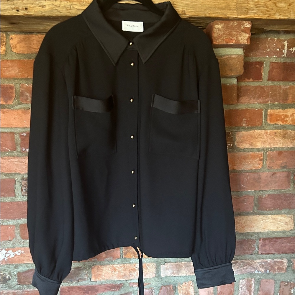 St. John blouse with drawstring waist and satin trim
